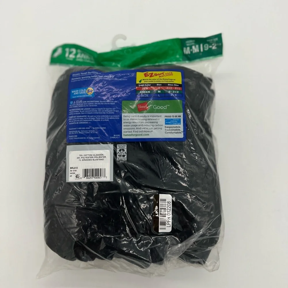 Hanes Ankle Socks 12-Pack Boys Cushioned Reinforced Heel Comfort Toe Black Sz M
